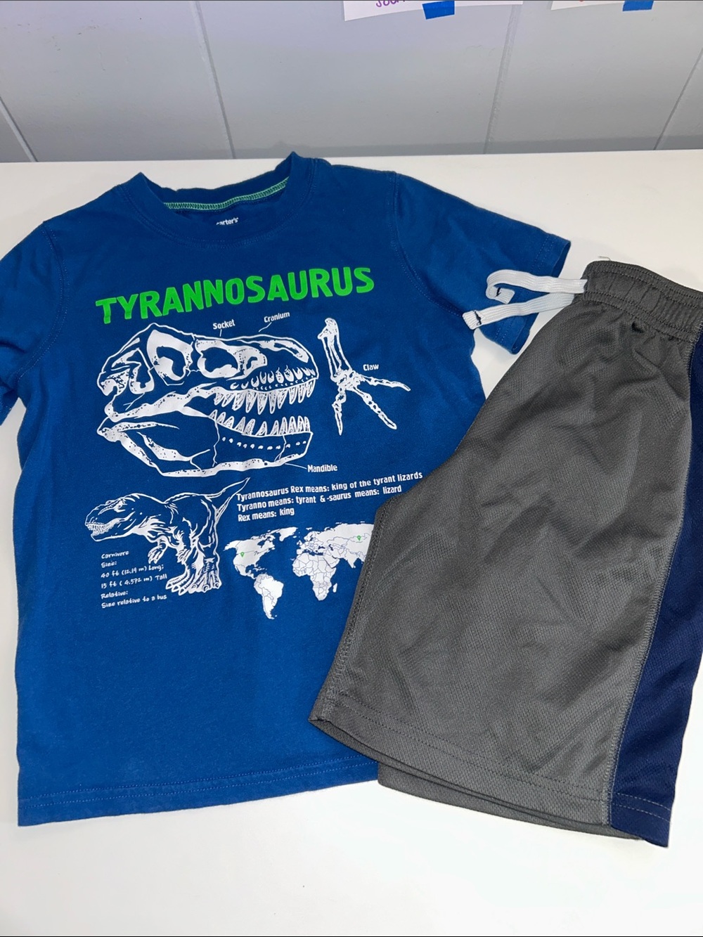 Carter’s Boy’s Blue Short Sleeve Dino Graphic T-Shirt + Basketball Shorts Size 7